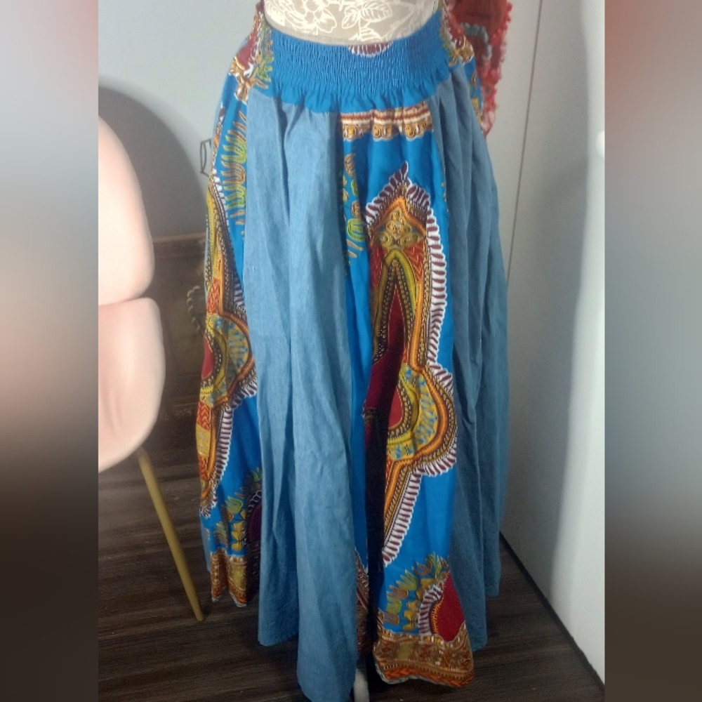 Colorful‎ Patterned Denim Maxi Skirt